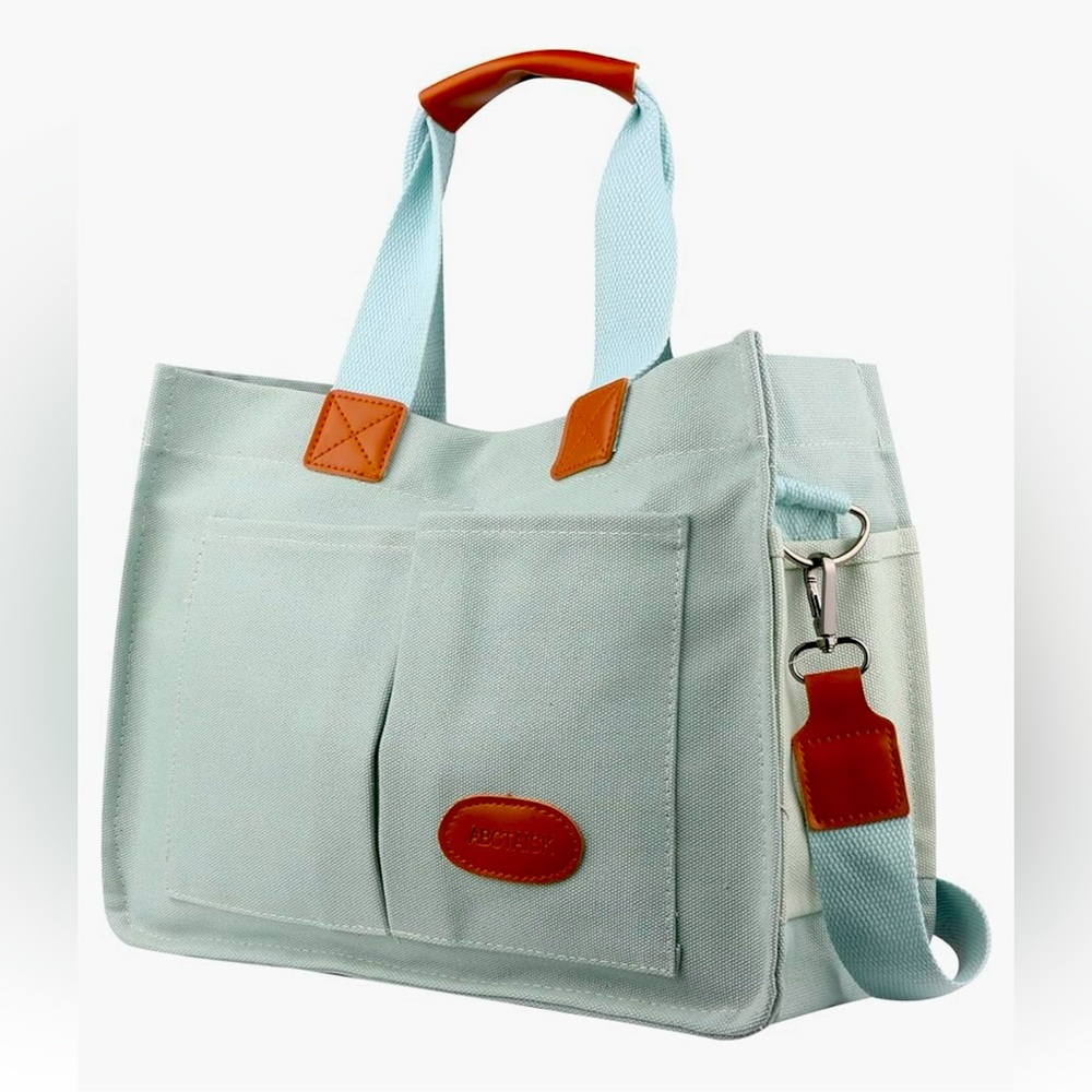 Tote bag, canvas, multi pocket, green, new with tags